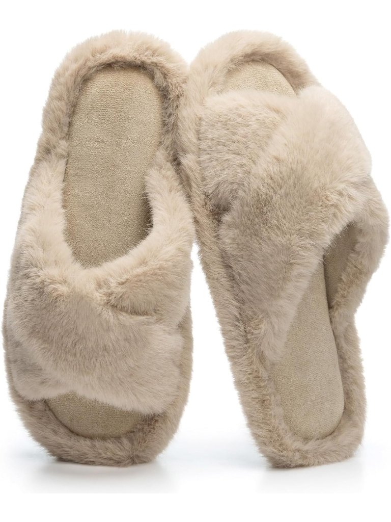 Women's Brown Open Toe Fuzzy Fur Cross Band Memory Foam Indoor Slippers